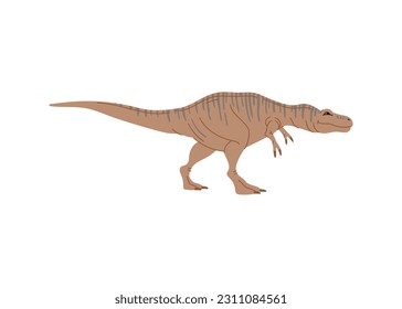 T-rex childish dino, dinosaur animal with stripes on back, funny cartoon character. Vector Apatosaurus big thunder lizard, childish tyrannosaurus