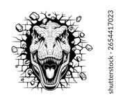  T-Rex Crashing Wall, Dinosaur Head Roaring, Jurassic Monster Vector, Black and White Dino Illustration