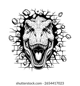  T-Rex Crashing Wall, Dinosaur Head Roaring, Jurassic Monster Vector, Black and White Dino Illustration