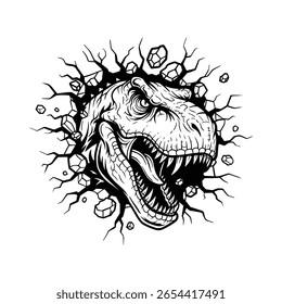 T-Rex Crashing Wall, Dinosaur Head Roaring, Jurassic Monster Vector, Black and White Dino Illustration