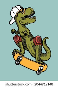 T-rex dino skateboarding in summer hat and sunglasses. Isolated dinosaur sports vector illustration.