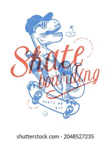 T-rex dino skateboarding tipografía vintage estampado de camisetas. El personaje de los dinosaurios deportivos callejeros con sombrero de béisbol y gafas de sol. Ilustración vectorial de patinaje dino.