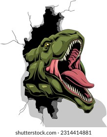 T-Rex Dinosaur Breaks The Wall Graphic Design. Vector Hand Drawn Illustration Isolated On Transparent Background