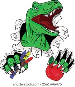 T-Rex Dinosaur Claws Ripping Illustrations Holding an Apple and Crayon, Back to School, 100 Days of School. Art and Illustration