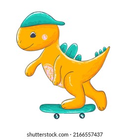 Trex Dinosaur Driving On Skateboard. Cute Print For Boys