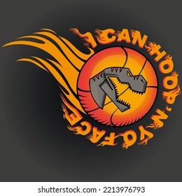 T-rex dinosaur head inside a basketball on fire. Basket mascot illustration concept.