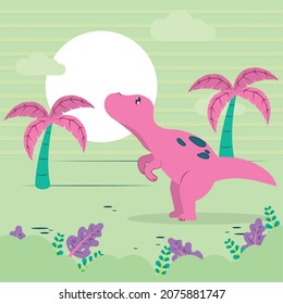 trex dinosaur illustration with palms and moon