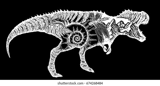 T-Rex dinosaur monster t-shirt design. Symbol of archeology, paleontology. Tyrannosaur, fern, ammonite, dragonfly, ancient minerals. Double exposure 