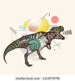 T-Rex dinosaur monster. Tyrannosaur double exposure. Symbol of education and science. Zine culture style, fashion contemporary collage 