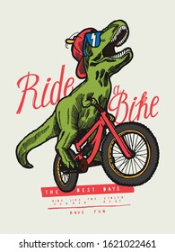 T-Rex dinosaur riding bicycle in cap and sunglasses and smiling - funny kids sports vector illustration