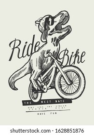 T-rex dinosaur riding bicycle. Reptile laughing in shades and funny hat children sports print vector illustration.