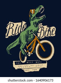 T-rex dinosaur riding bicycle in sunglasses and laughing - summer sports t-shirt print design - vector illustration