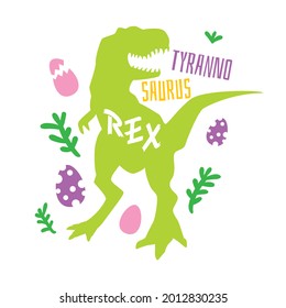 T-Rex. Dinosaur silhouette isolated on white background. Tyronosaurus rex. A beautiful combination of green and purple. Print for children's clothing. Children's room decoration, children's poster.