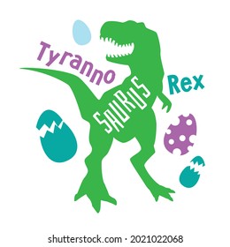 T-Rex. Dinosaur silhouette isolated on white background. Tyronosaurus rex. A beautiful combination of green and purple. Print for children's clothing. Children's room decoration, children's poster.