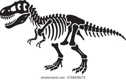 T-rex dinosaur skeleton, black and white illustration for paleontology, science, and prehistoric themes, t rex