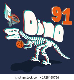 T-rex Dinosaur skeleton fossil Illustration, vector How to Shoot a Basketball game with basketball illustration , number modern sports posters design blue color Background.