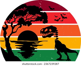 T-Rex Dinosaur sunset forest,Dino Retro Sunset,Adventure Retro Vintage Sunset,Camping Evergreen Tree Sunrise Forest Graphics