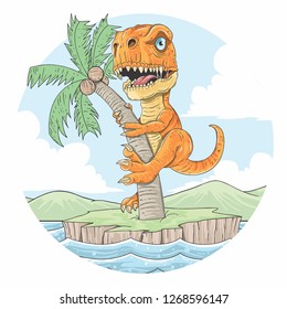 t-rex dinosaurs climbed a coconut tree on a small island between the seas at summer land