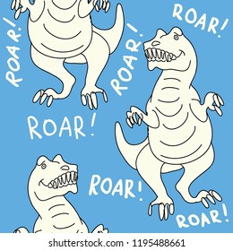 T-rex dinosaurs. Funny cartoon dino. Roar inscription. Hand drawn vector doodle design for girls, kids. Hand drawn children's illustration for fashion clothes, shirt, fabric