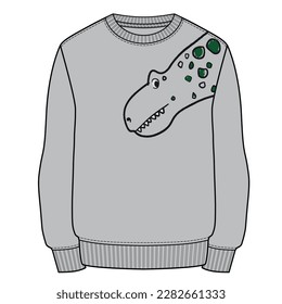 T-Rex face at left shoulder of boy sweatshirt