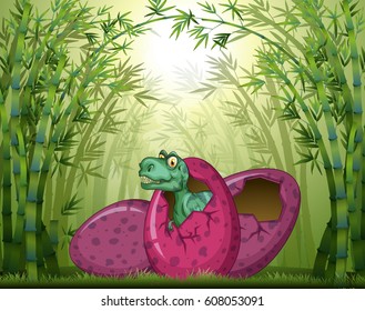 T-Rex hatching egg in bamboo forest illustration