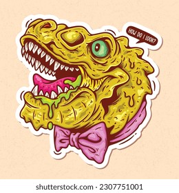T-Rex Head With Bow Tie Hand Drawn Color Vector Doodle Illustration