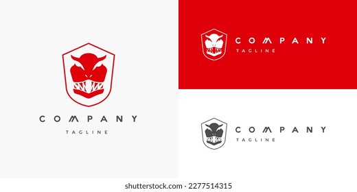 T-Rex Head Dinosaurier Raptor Shield Red Logo Design Vektor-Vorlage für Markenfirma