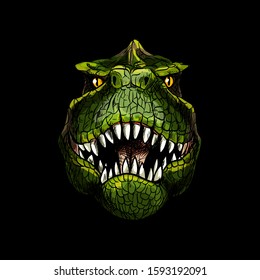 T-Rex head on black background, full color sketch, hand drawn vector illustration