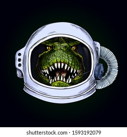 T-Rex head in space helmet on black bg, full color hand drawn illustration, vector