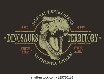 T-rex head.Grunge retro label with tyranosaur.Prints design of t-shirts or other uses. Vector typography