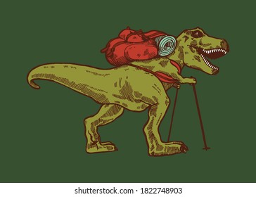 T-rex Hiking With A Backpack And Trekking Poles. Dino Traveler Backpacking. Isolated Dinosaur Character Vector Illustration.