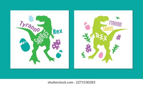 T-Rex image set. Dinosaur silhouette isolated on white background. Tyronosaurus rex. A beautiful combination of green and purple