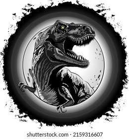 T-Rex Jurassic Dinosaur growling on Surreal Moon Black and White Grunge Frame Vector Illustration isolated on White