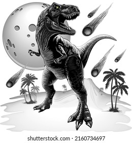 T-Rex Jurassic Dinosaur standing in Moonlight with Meteorites falling around Vector illustration
