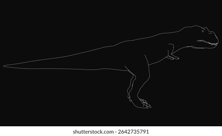 T-Rex line drawing in black and white, standing against a dark background with sharp teeth and powerful legs. The detailed illustration captures the dinosaur's fierce expression and muscular build.