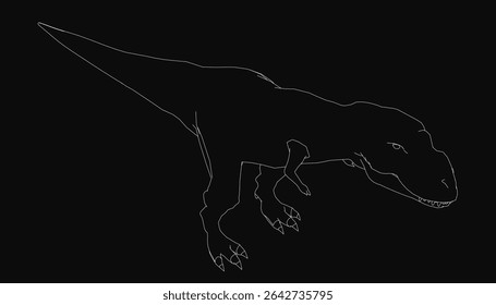 T-Rex line drawing in black and white, showcasing sharp teeth and powerful stance against a dark background. The detailed illustration highlights the dinosaur's fierce expression and muscular build,.