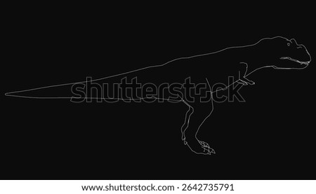 T-Rex line drawing in black and white, standing against a dark background with sharp teeth and powerful legs. The detailed illustration captures the dinosaur's fierce expression and muscular build.