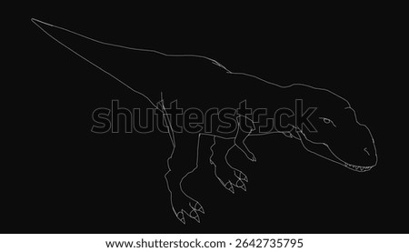 T-Rex line drawing in black and white, showcasing sharp teeth and powerful stance against a dark background. The detailed illustration highlights the dinosaur's fierce expression and muscular build,.