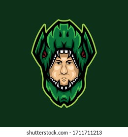 t-rex with man face mascot logo