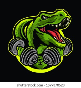 T-rex Mascot Hold Dumbbells for Gym Fitness and Body Builder Logo in Vector Illustration