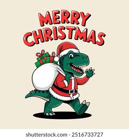 T-Rex Mascot in Santa Claus Costume Christmas Themed Illustration 