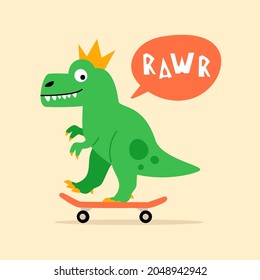 T-Rex on skateboard vector hand drawn illustration for kids book, poster, card. Cute dinosaurus character.