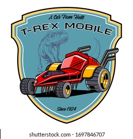 T-rex Racer Sticker , All elements, colors, text (curved)  easy editable. Vector. Cartoon muscle car redy for demolition. Concept of Vintage Muscle automobile 