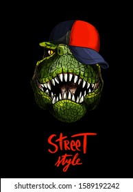 T-rex in red cap, hand written STREET STYLE below, full color skecth, hand drawn vector illustration
