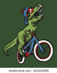 T-rex riding bicycle - funny dinosaur character vector illustration.