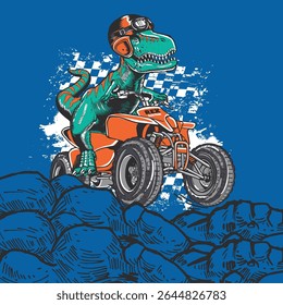 T-Rex riding quad ATV extreme sports racing, Cartoon dinosaur racing off-road, Dinosaur monster car racing t-shirt print design. apparel, banner, poster, sticker