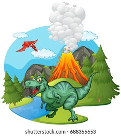 T-Rex roaring by the volcano illustration