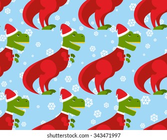 T-Rex Santa seamless pattern. Christmas dinosaur backdrop. Ancient Creeper dressed  Claus. New Year festive texture.
