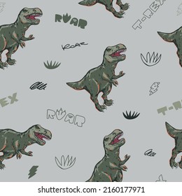 T-rex seamless pattern with words Roar, t rex.  Dino repeat print. Predator illustration endless ornament