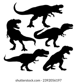 T-Rex Silhouettes Set. Collection of Multiple Tyrannosaurus Rex Shapes on a White Background"